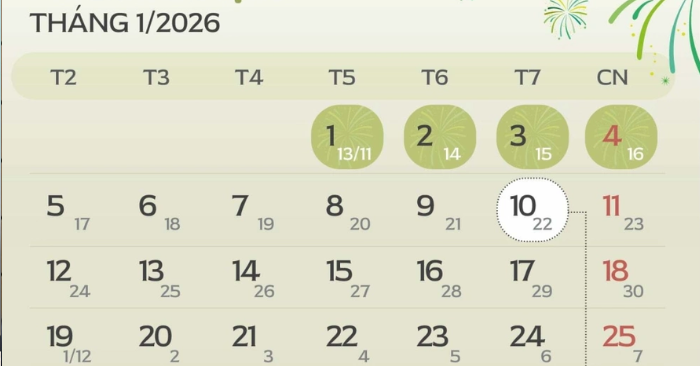 Tết Dương lịch 2026 kéo dài 4 ngày