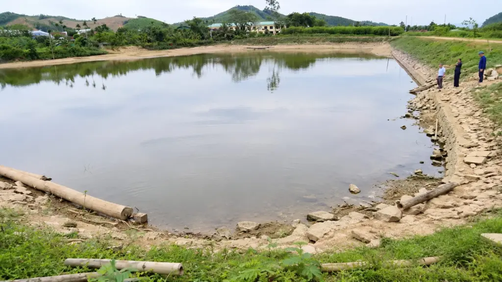 Lấy mẫu nước tại đập thủy lợi để xác định nguyên nhân cá chết bất thường, làm rõ nguy cơ ô nhiễm nguồn nước.