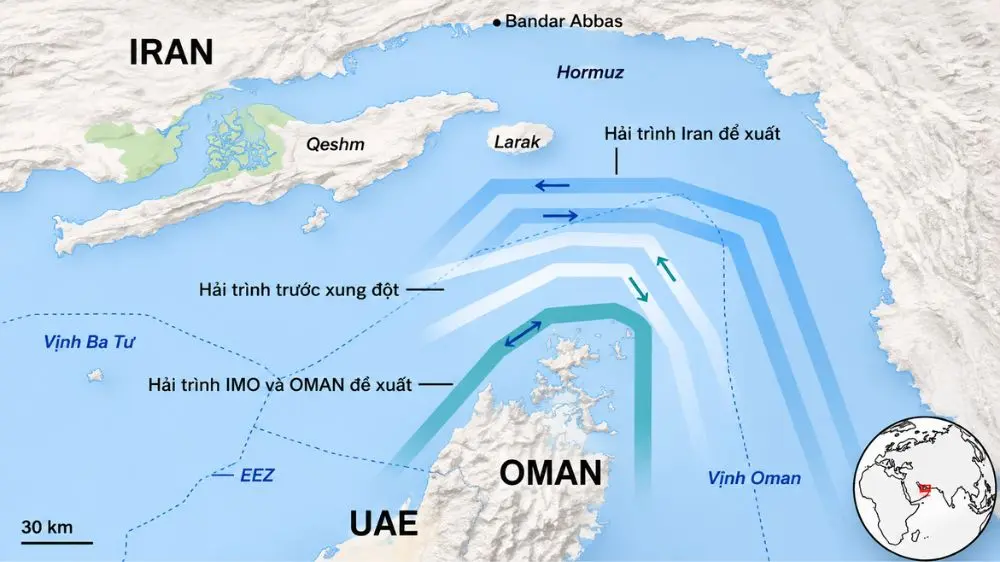 Bản đồ các tuyến hàng hải qua eo biển Hormuz giúp làm rõ diễn biến đàm phán Mỹ - Iran và tác động tới vận tải dầu mỏ toàn cầu.