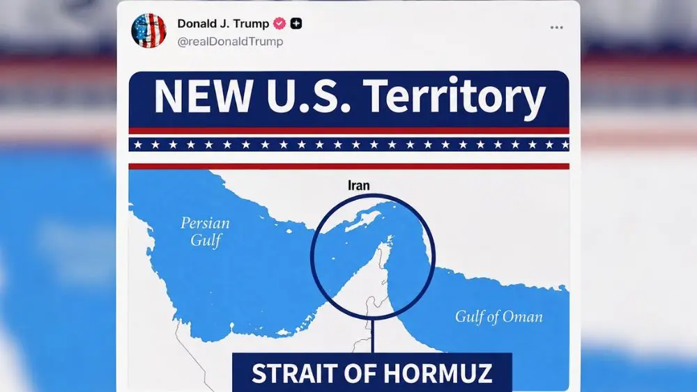 Ông Trump đăng bản đồ eo biển Hormuz với dòng chữ “lãnh thổ mới của Mỹ”, trong bối cảnh căng thẳng với Iran tiếp diễn.