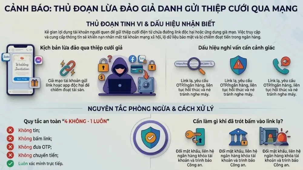 Cảnh giác chiêu lừa đảo gửi thiệp cưới điện tử kèm đường link độc hại qua mạng xã hội nhằm đánh cắp thông tin cá nhân và chiếm đoạt tài sản.
